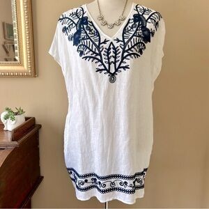 Tory Burch Embroidered Beach Caftan Cover-Up Mini Dress Navy Blue White Linen S